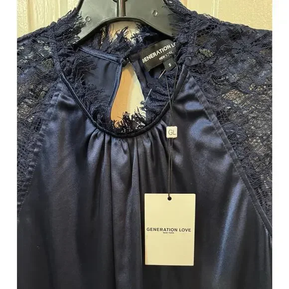 NWT Generation Love Charolette Navy Blue Silk Lace Sleeve Blouse Top Size S - Picture 9 of 10